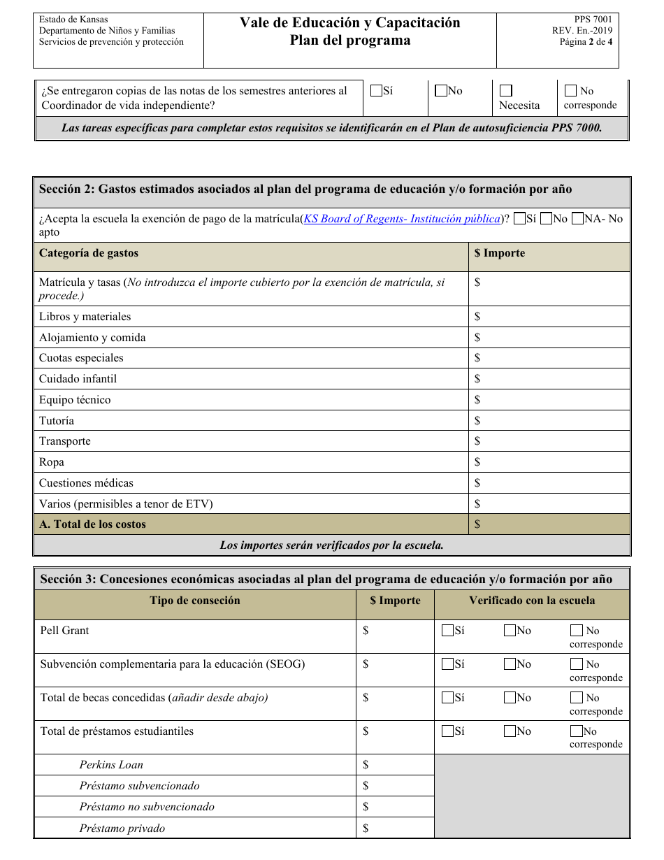 Formulario PPS7001 Vale De Educacion Y Capacitacion Plan Del Programa - Kansas (Spanish), Page 2