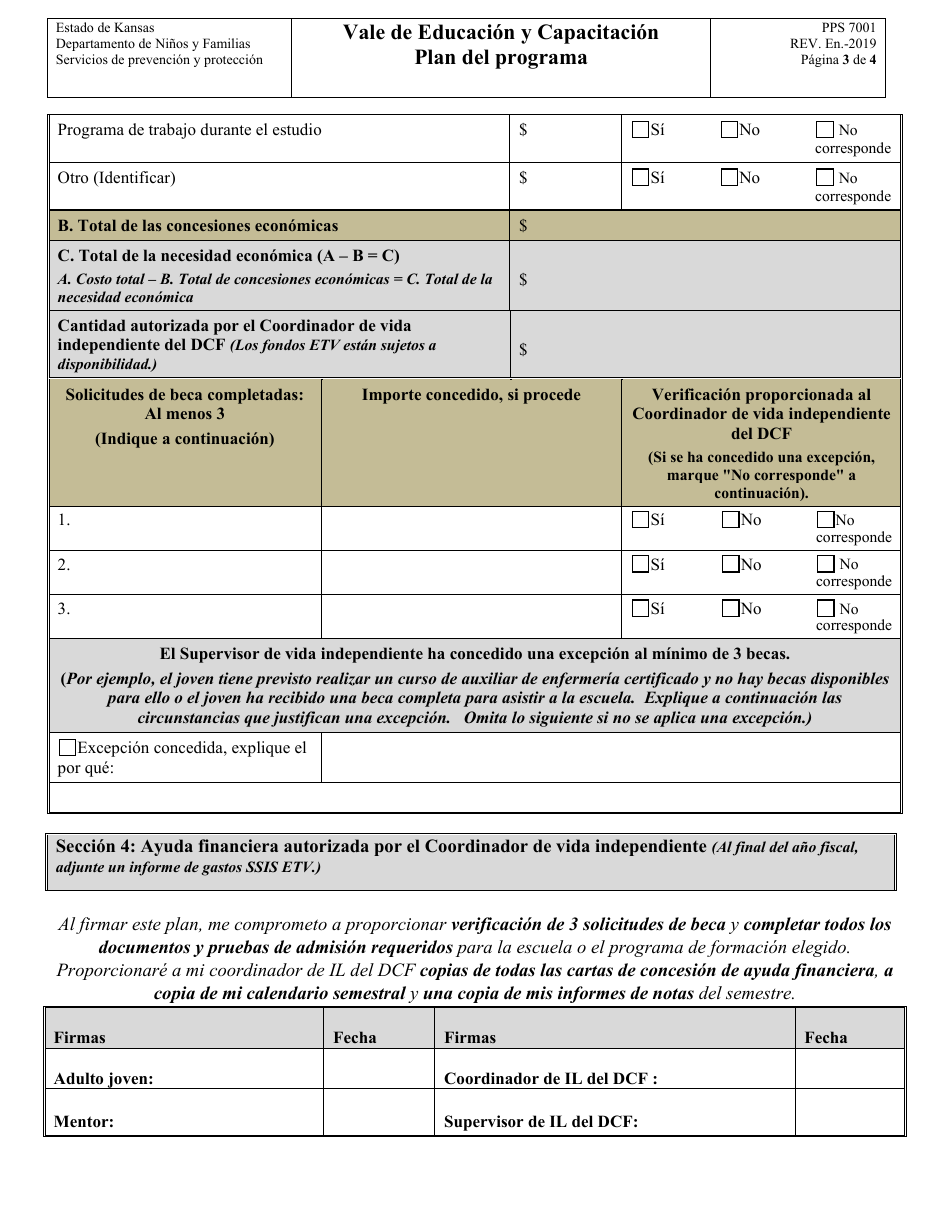 Formulario PPS7001 Vale De Educacion Y Capacitacion Plan Del Programa - Kansas (Spanish), Page 3