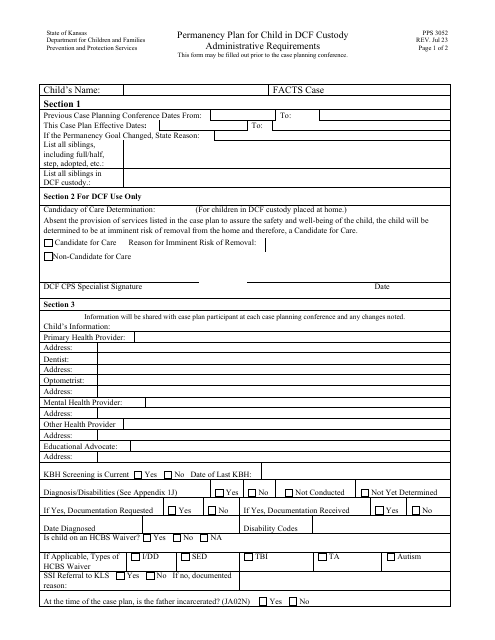 Form PPS3052 Permanency Plan for Child in Dcf Custody Administrative Requirements - Kansas