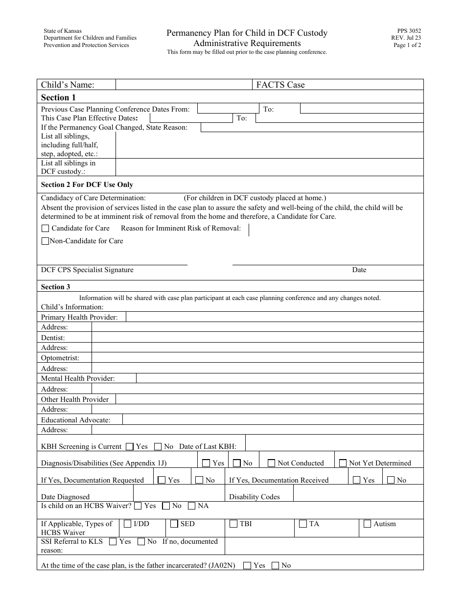 Form PPS3052 Permanency Plan for Child in Dcf Custody Administrative Requirements - Kansas, Page 1