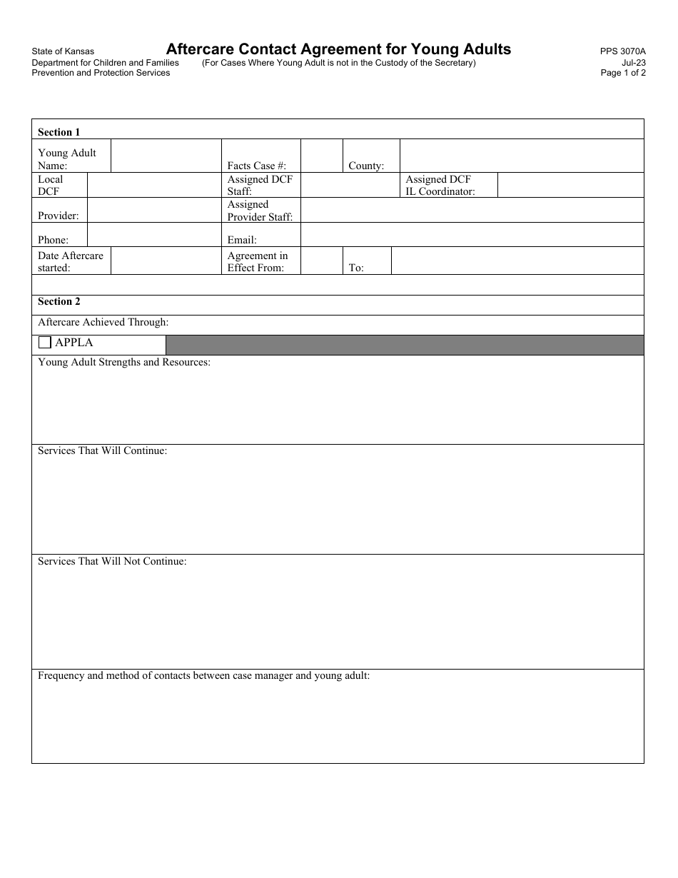 Form PPS3070A Aftercare Contact Agreement for Young Adults - Kansas, Page 1