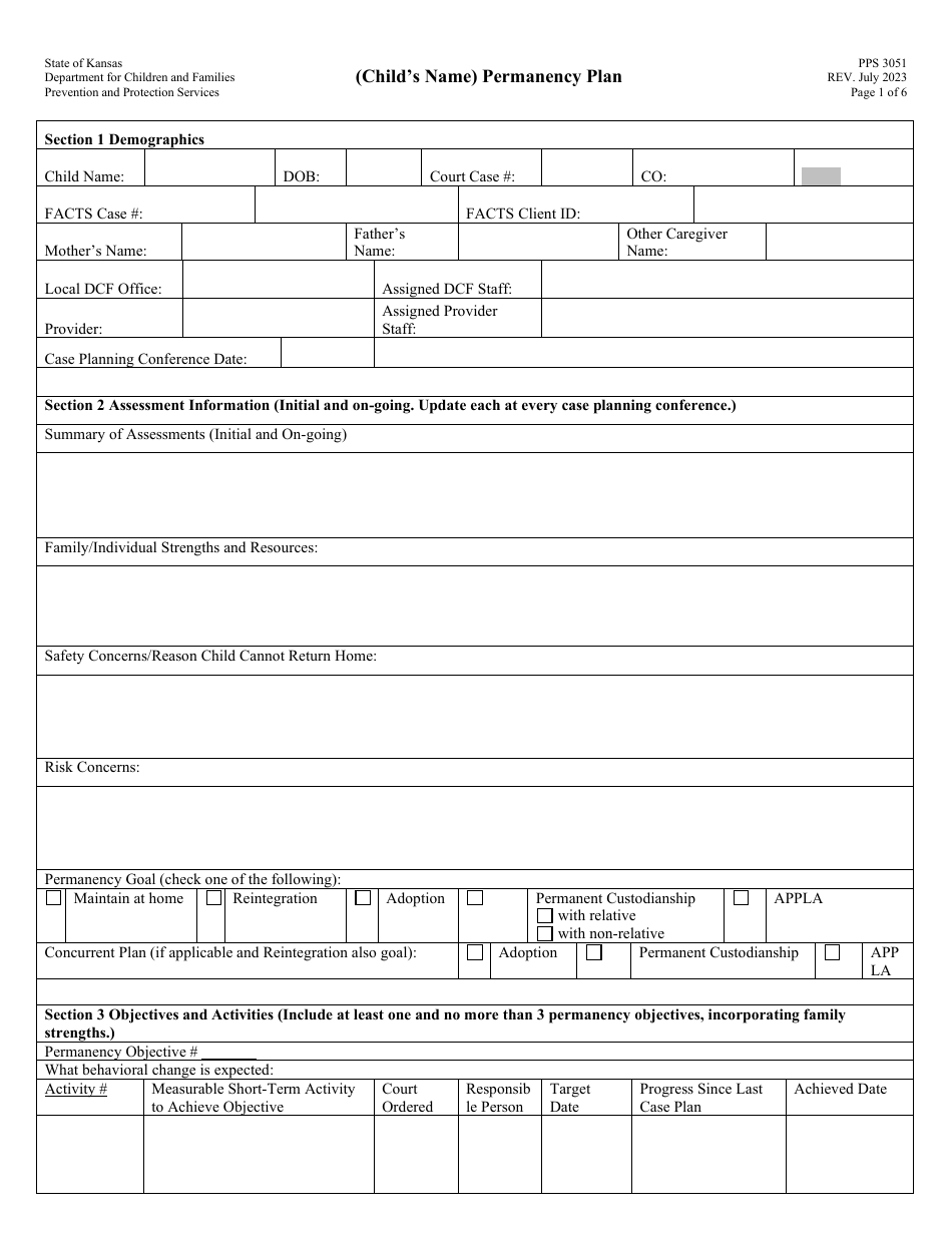 Form PPS3051 Permanency Plan - Kansas, Page 1