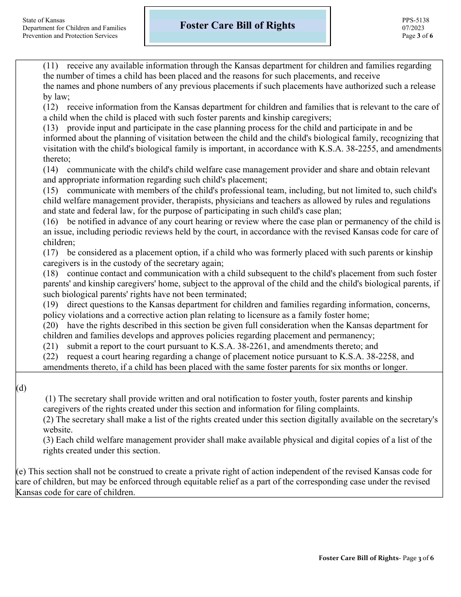 Form PPS-5138 Foster Care Bill of Rights - Kansas, Page 3