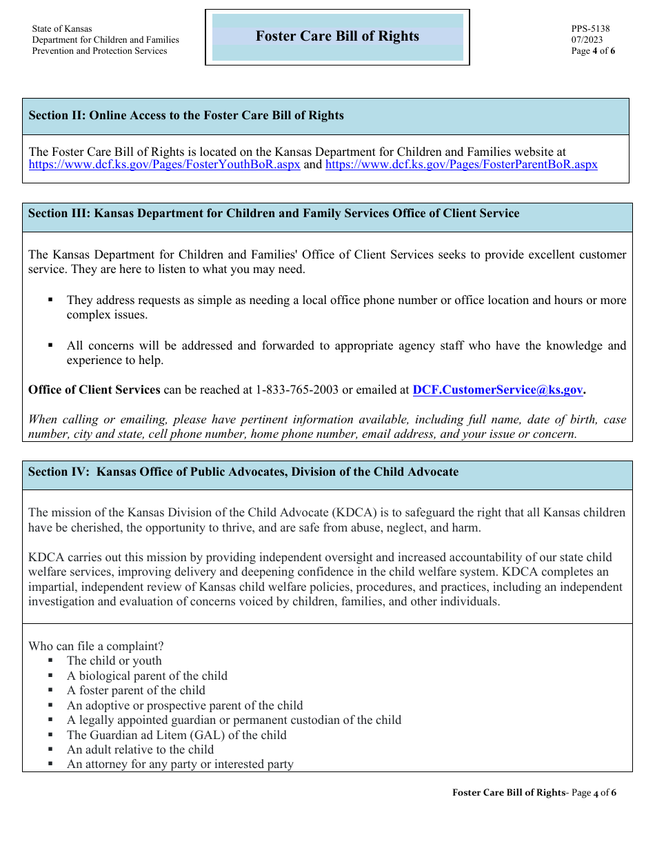 Form PPS-5138 Foster Care Bill of Rights - Kansas, Page 4