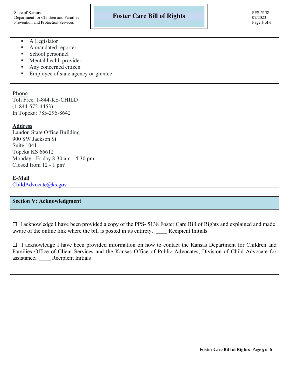 Form PPS-5138 Foster Care Bill of Rights - Kansas, Page 5