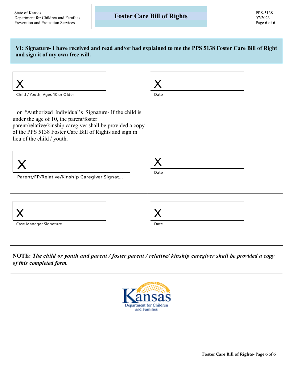 Form PPS-5138 Foster Care Bill of Rights - Kansas, Page 6
