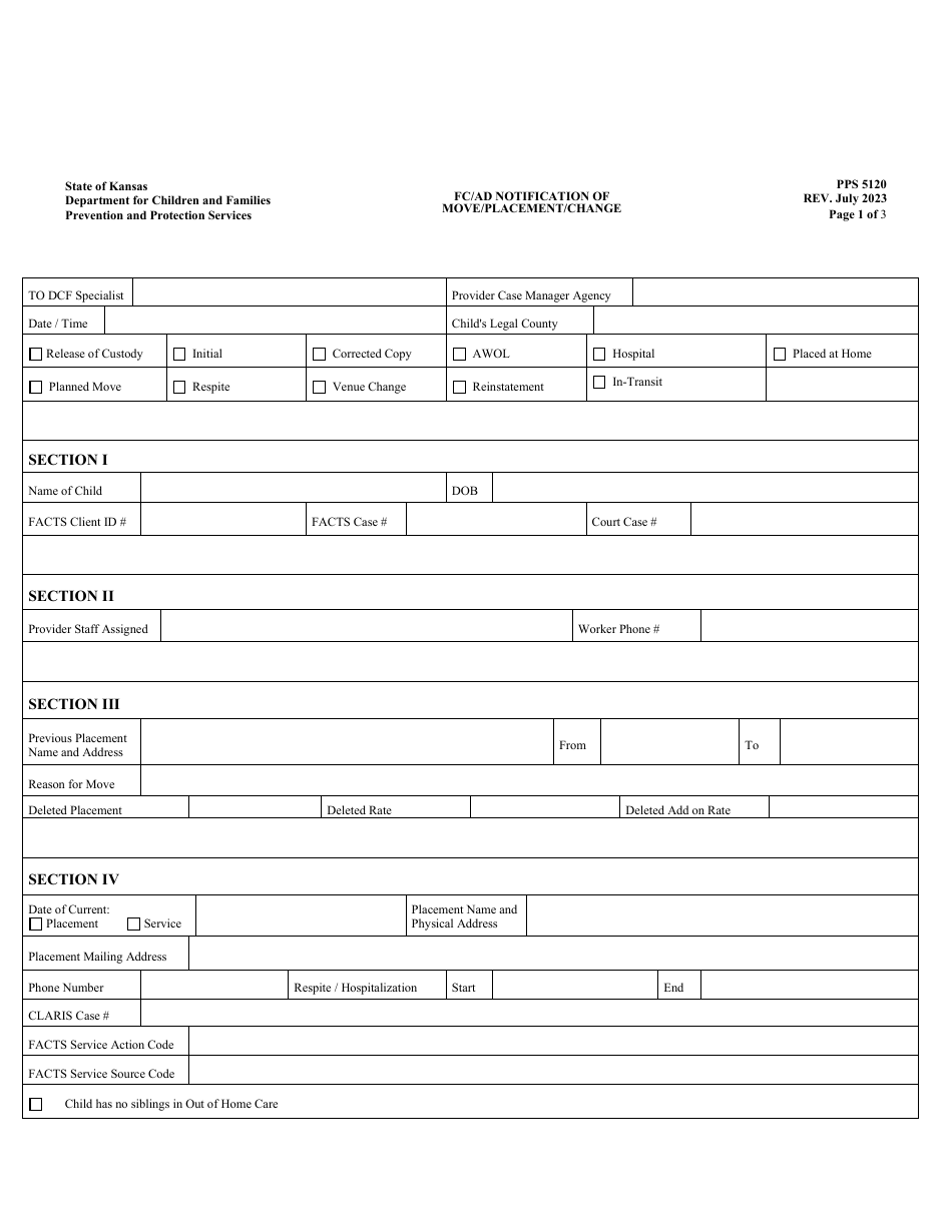 Form PPS5120 FC / Ad Notification of Move / Placement / Change - Kansas, Page 1