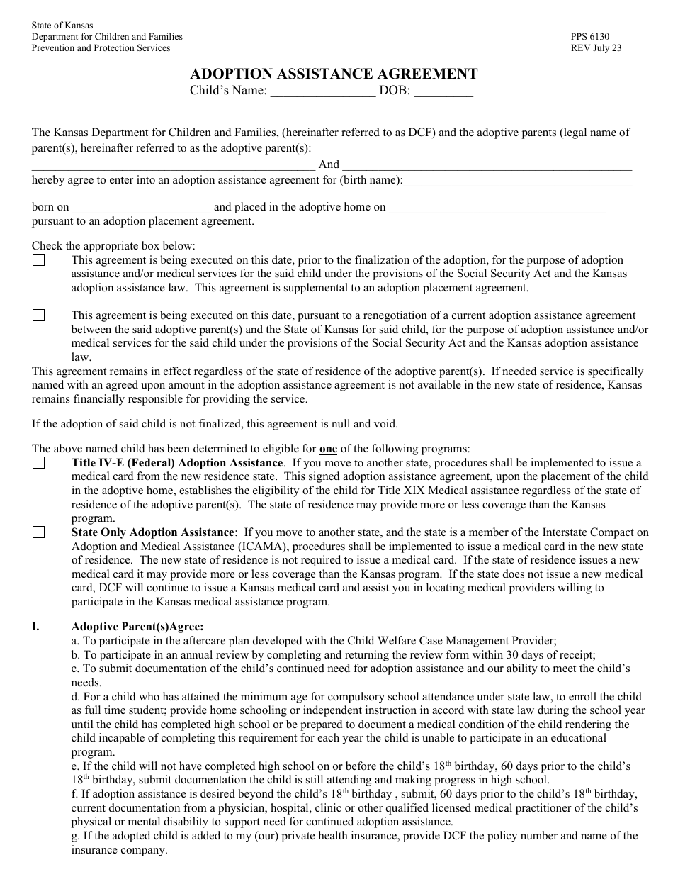 Form PPS6130 Adoption Assistance Agreement - Kansas, Page 1