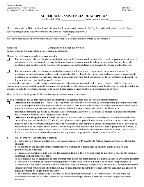 Formulario PPS6130 Acuerdo De Asistencia De Adopcion - Kansas (Spanish)