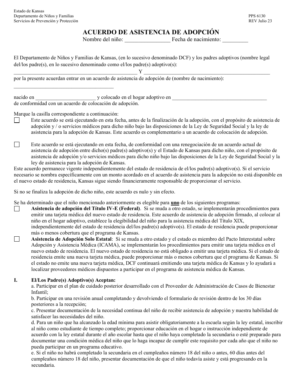 Formulario PPS6130 Acuerdo De Asistencia De Adopcion - Kansas (Spanish), Page 1