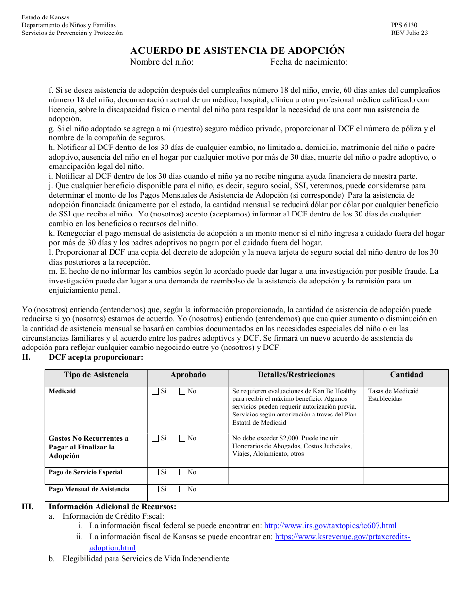 Formulario PPS6130 Acuerdo De Asistencia De Adopcion - Kansas (Spanish), Page 2