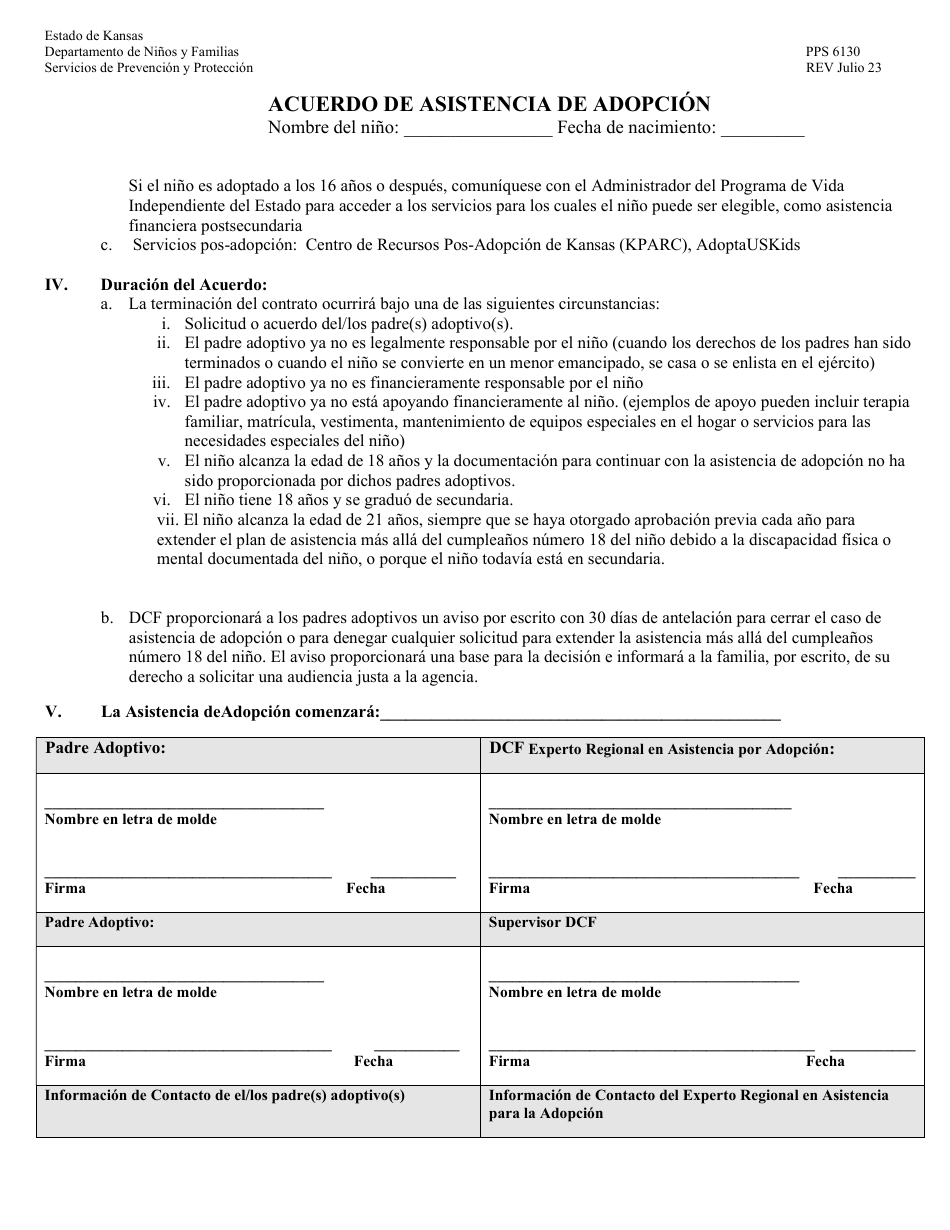 Formulario PPS6130 Acuerdo De Asistencia De Adopcion - Kansas (Spanish), Page 3