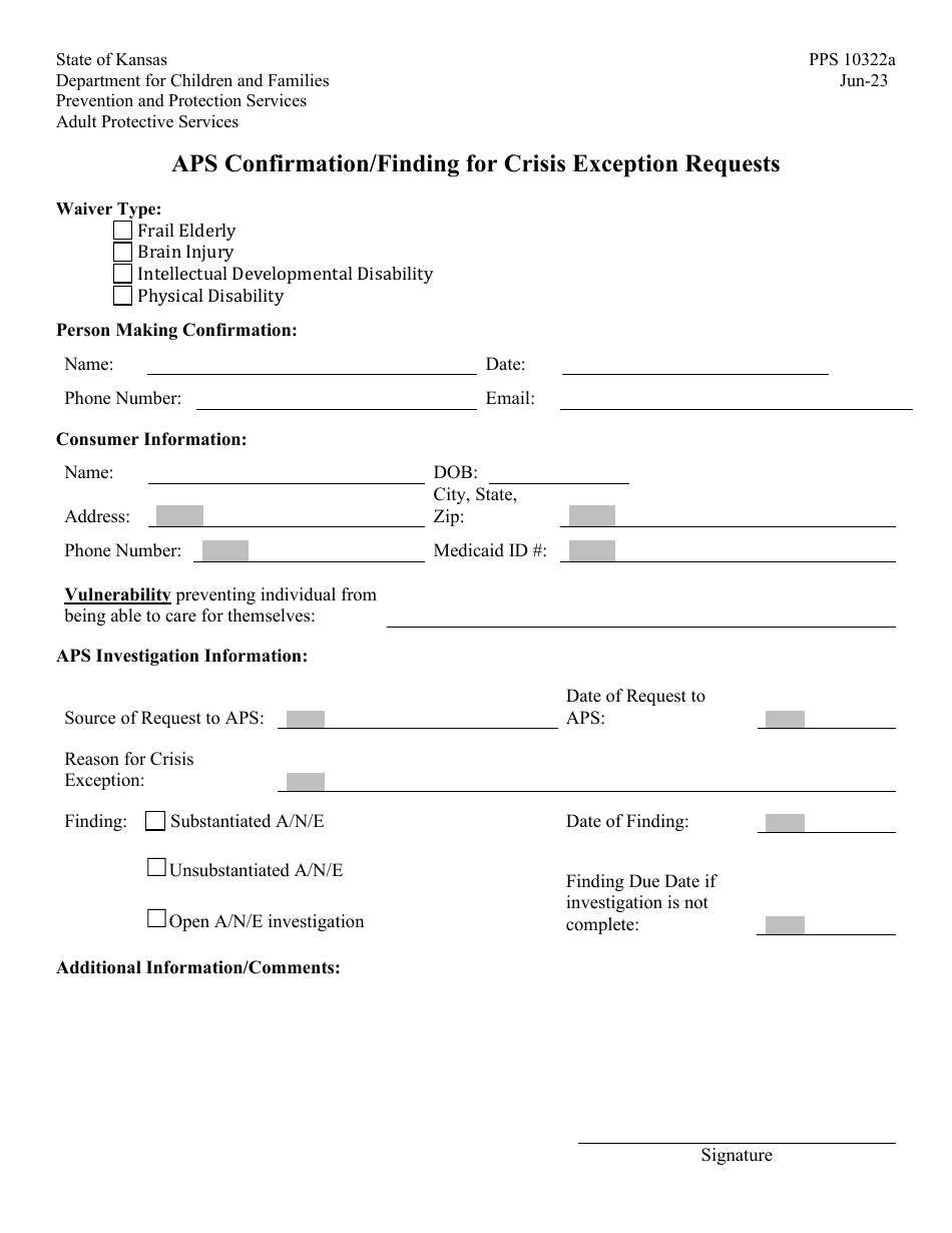 Form PPS10322A Aps Confirmation / Finding for Crisis Exception Requests - Kansas, Page 1