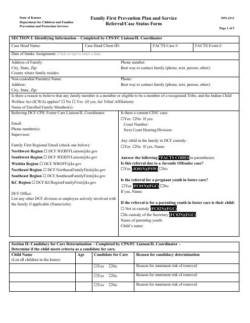 Form PPS4311 Family First Prevention Plan and Service Referral/Case Status Form - Kansas