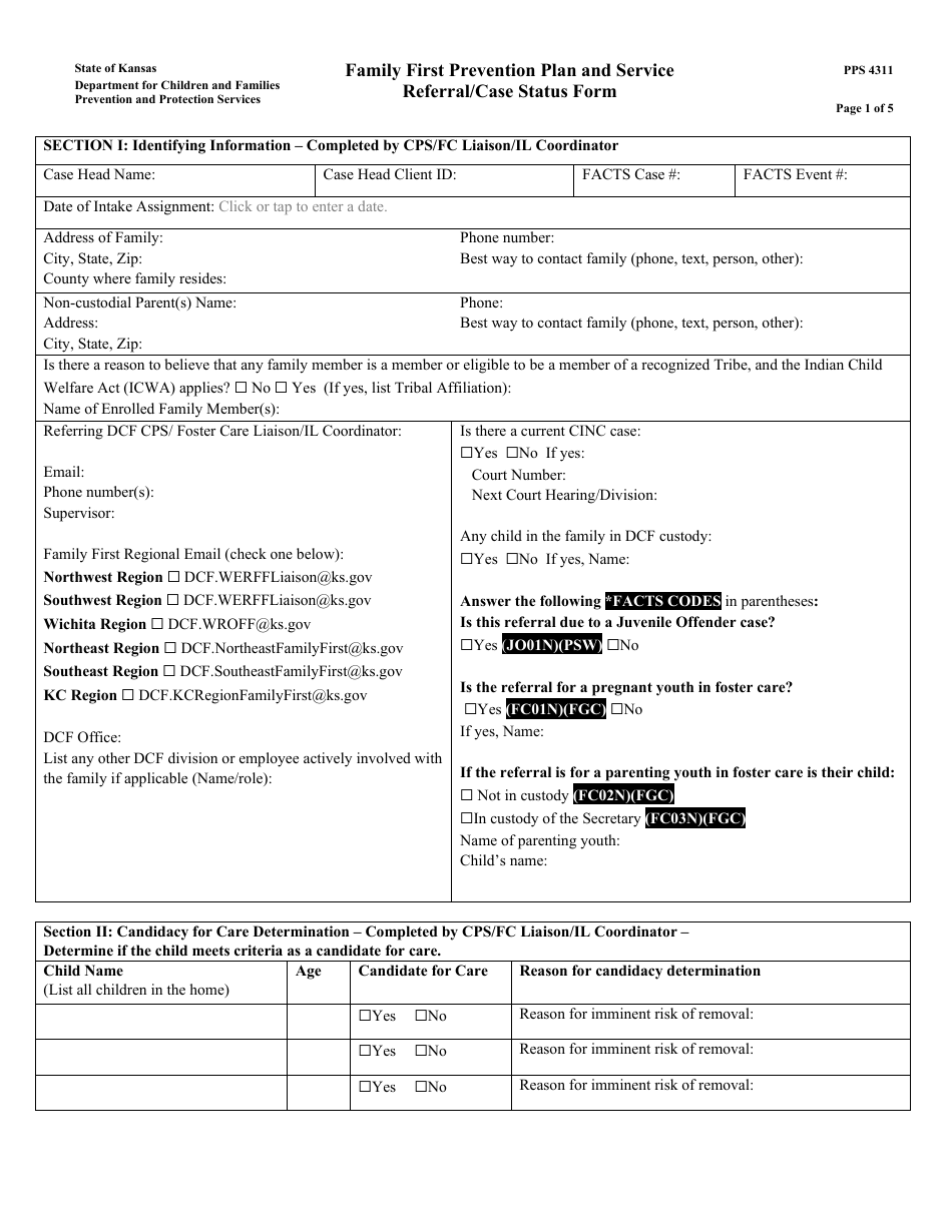 Form PPS4311 Family First Prevention Plan and Service Referral / Case Status Form - Kansas, Page 1