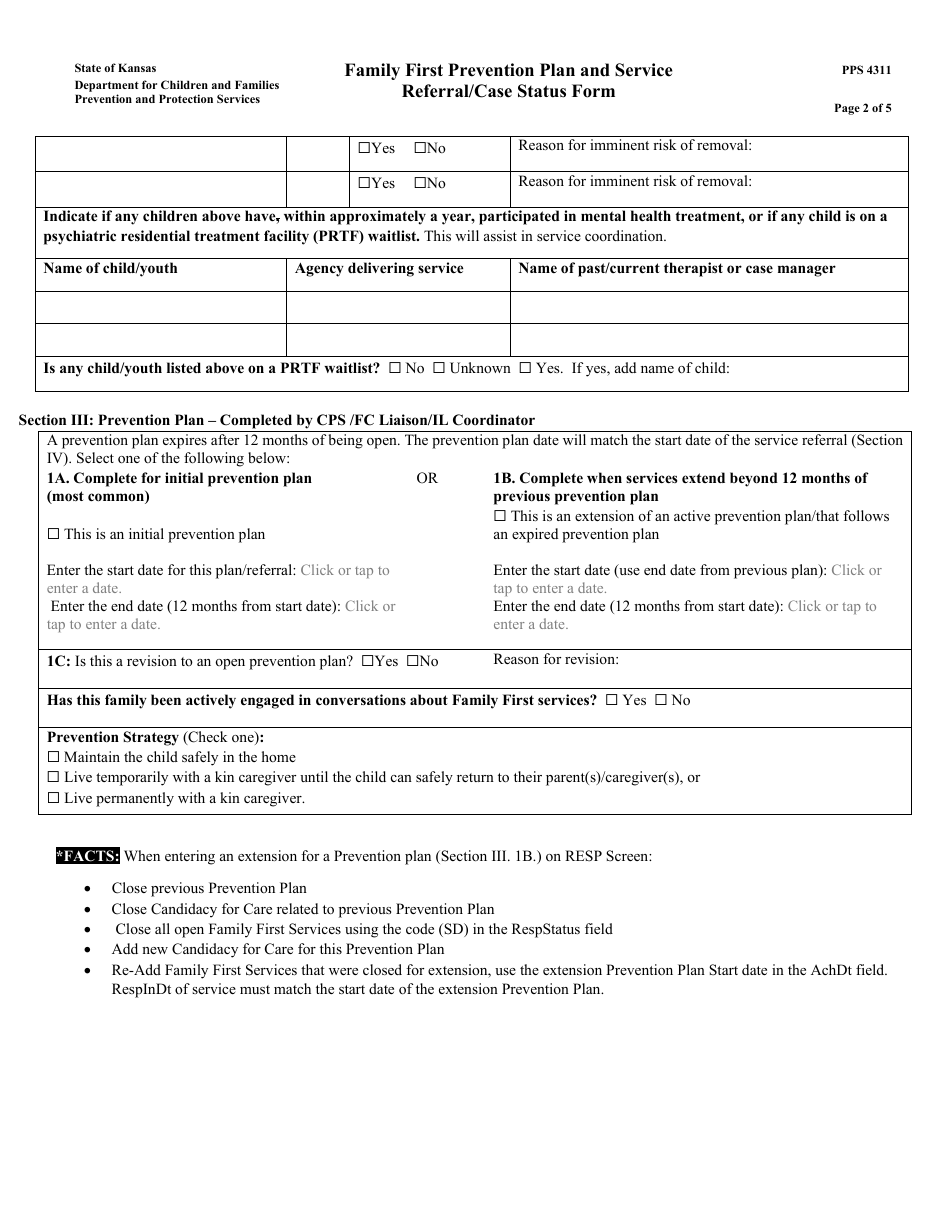 Form PPS4311 Family First Prevention Plan and Service Referral / Case Status Form - Kansas, Page 2
