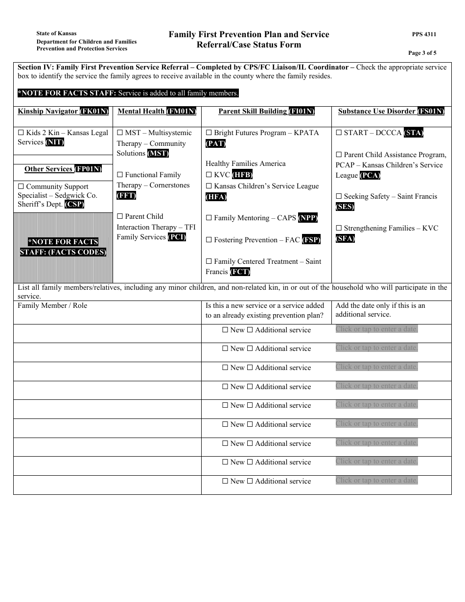 Form PPS4311 Family First Prevention Plan and Service Referral / Case Status Form - Kansas, Page 3