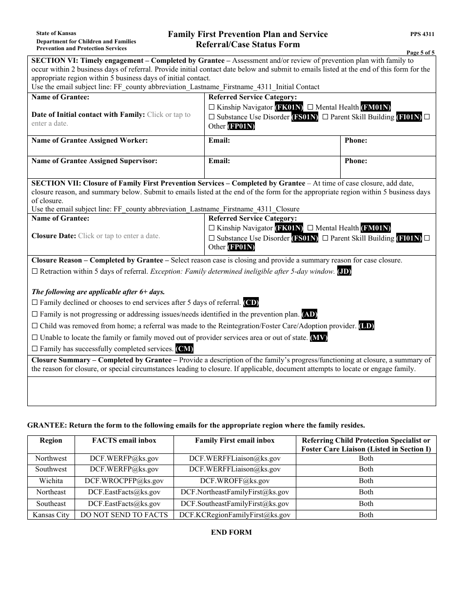 Form PPS4311 Family First Prevention Plan and Service Referral / Case Status Form - Kansas, Page 5