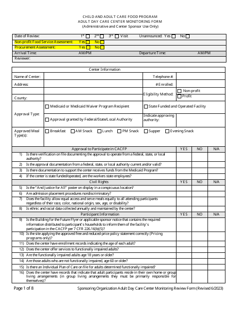 Adult Day Care Center Monitoring Form - Georgia (United States) Download Pdf