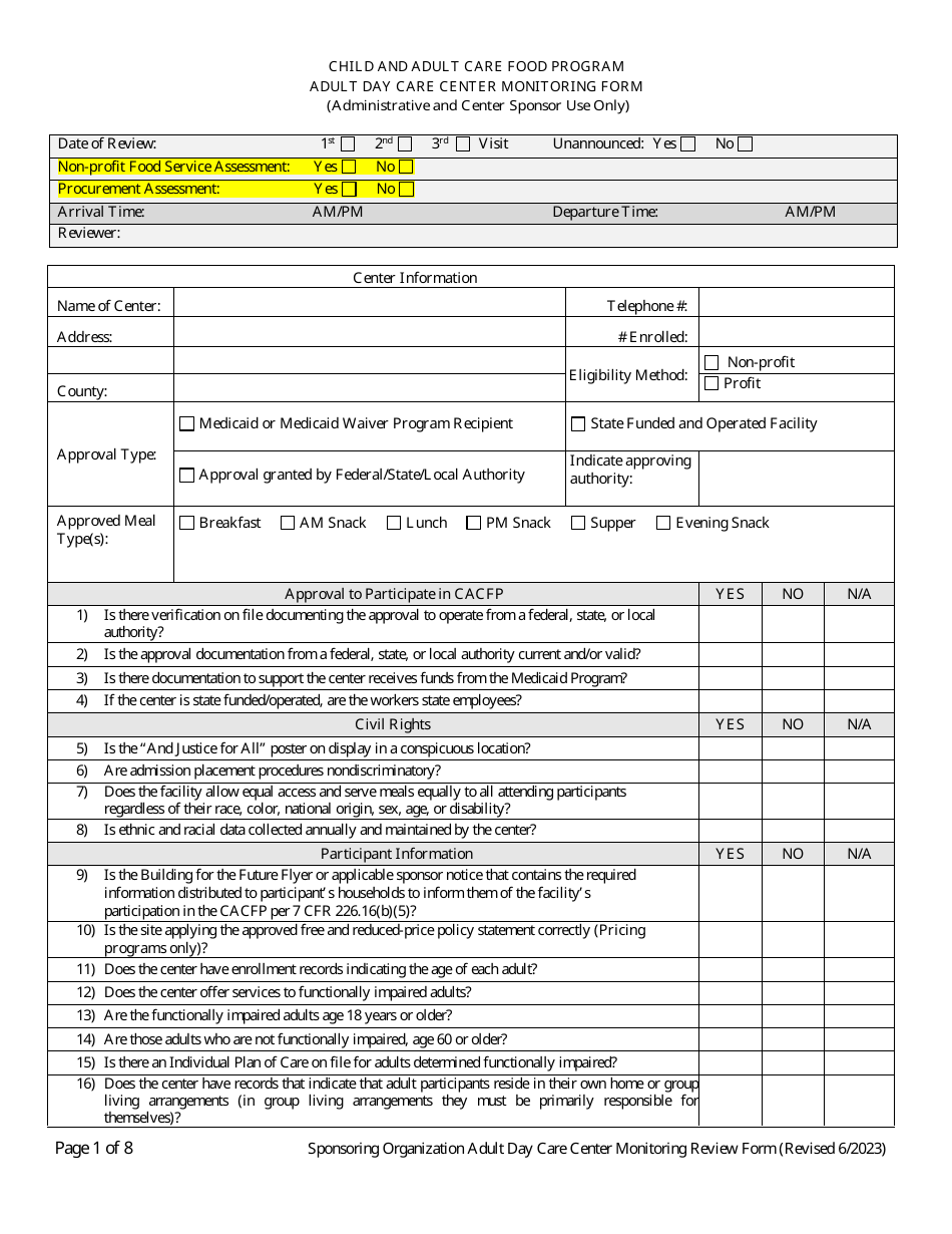Adult Day Care Center Monitoring Form - Georgia (United States), Page 1