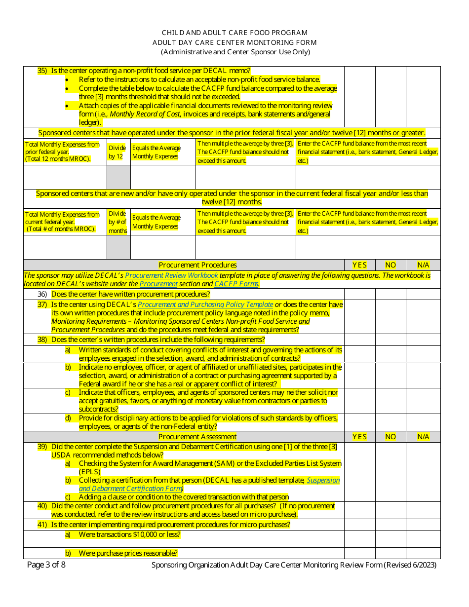Adult Day Care Center Monitoring Form - Georgia (United States), Page 3