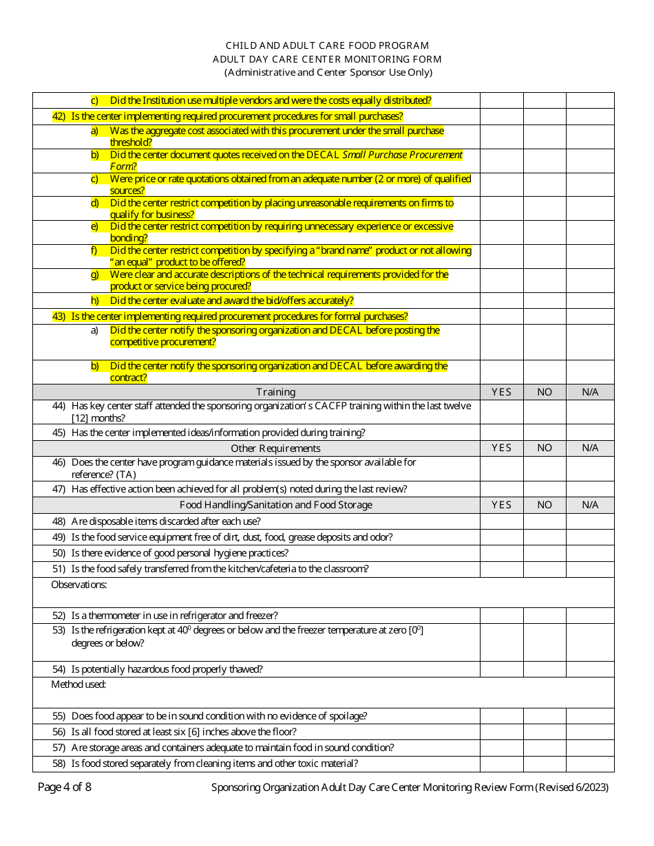 Adult Day Care Center Monitoring Form - Georgia (United States), Page 4