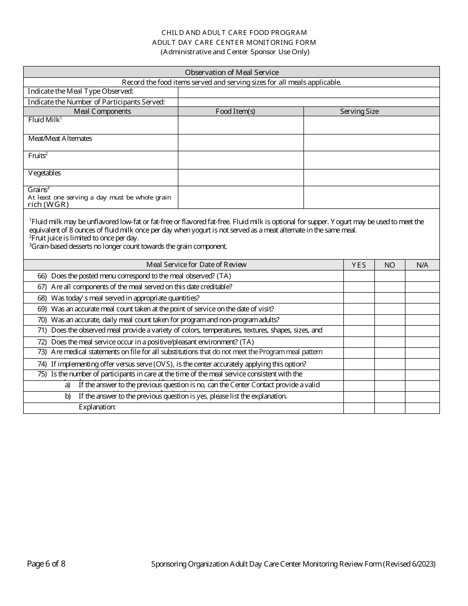 Adult Day Care Center Monitoring Form - Georgia (United States), Page 6