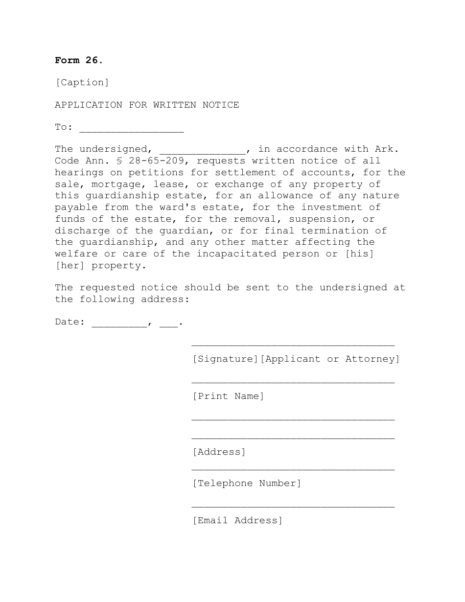 Form 26 Application for Written Notice - Arkansas, Page 1