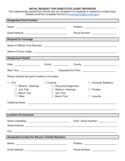 Initial Request for Substitute Court Reporter - Arkansas Download Pdf