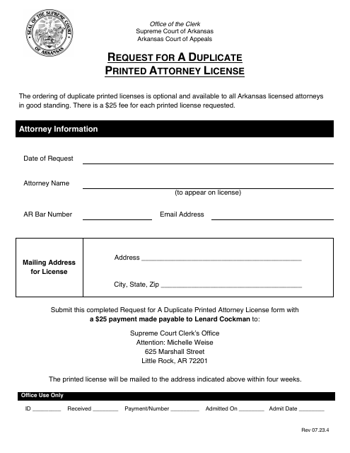 Request for a Duplicate Printed Attorney License - Arkansas Download Pdf