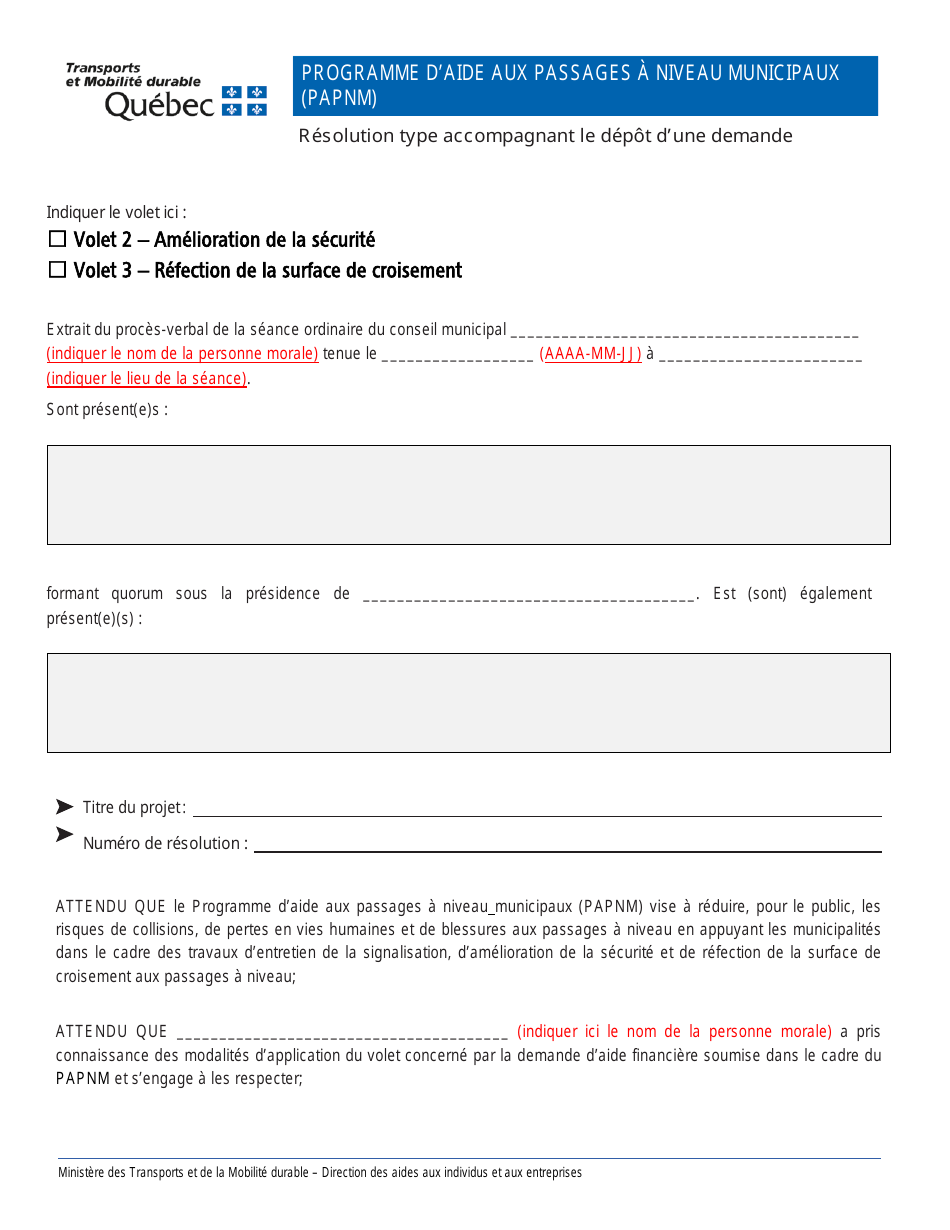 Programme Daide Aux Passages a Niveau Municipaux (Papnm) - Quebec, Canada (French), Page 1
