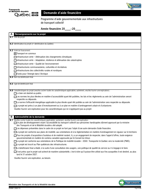 Forme V-3121 Demande D'aide Financiere - Programme D'aide Gouvernementale Aux Infrastructures De Transport Collectif - Quebec, Canada (French)