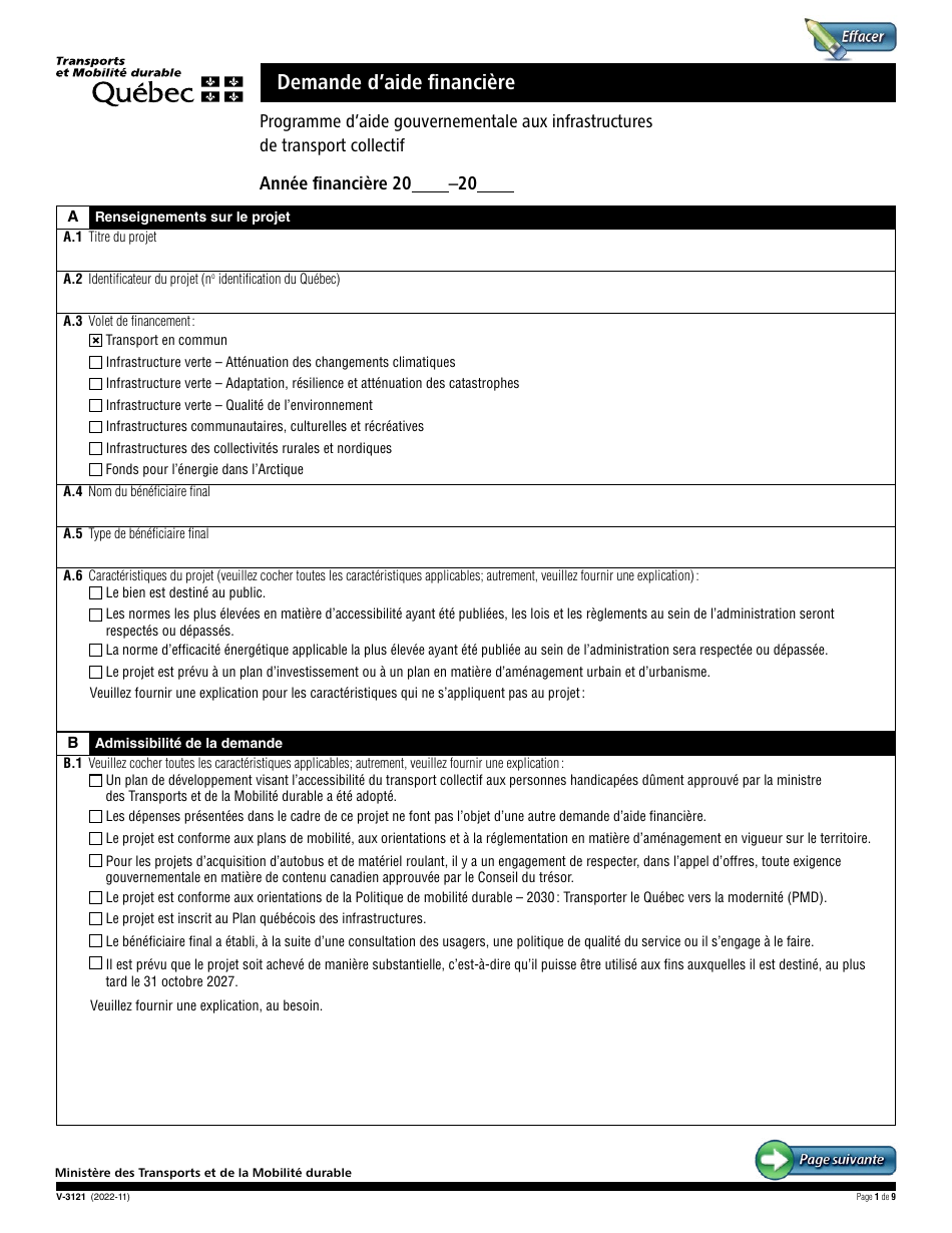 Forme V-3121 Demande Daide Financiere - Programme Daide Gouvernementale Aux Infrastructures De Transport Collectif - Quebec, Canada (French), Page 1