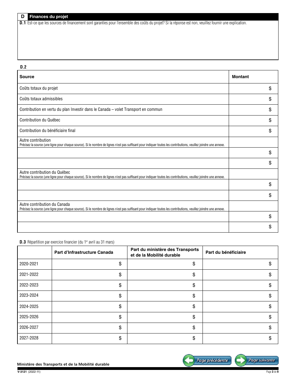 Forme V-3121 Demande Daide Financiere - Programme Daide Gouvernementale Aux Infrastructures De Transport Collectif - Quebec, Canada (French), Page 3