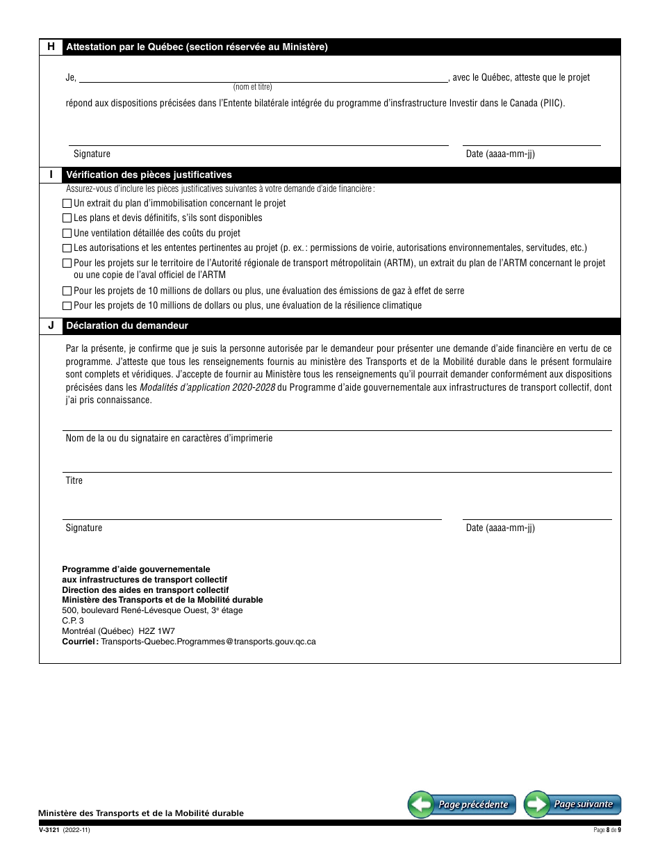 Forme V-3121 Demande Daide Financiere - Programme Daide Gouvernementale Aux Infrastructures De Transport Collectif - Quebec, Canada (French), Page 8
