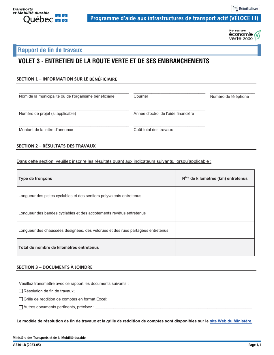 Form V-3301-B Programme Daide Aux Infrastructures De Transport Actif (Veloce Iii) - Quebec, Canada, Page 1