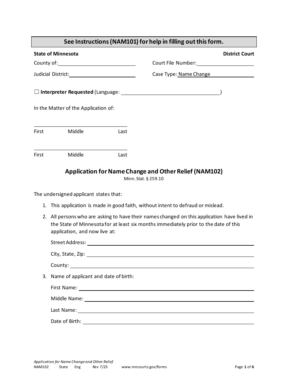 Form NAM102 Application for Name Change and Other Relief - Minnesota, Page 1