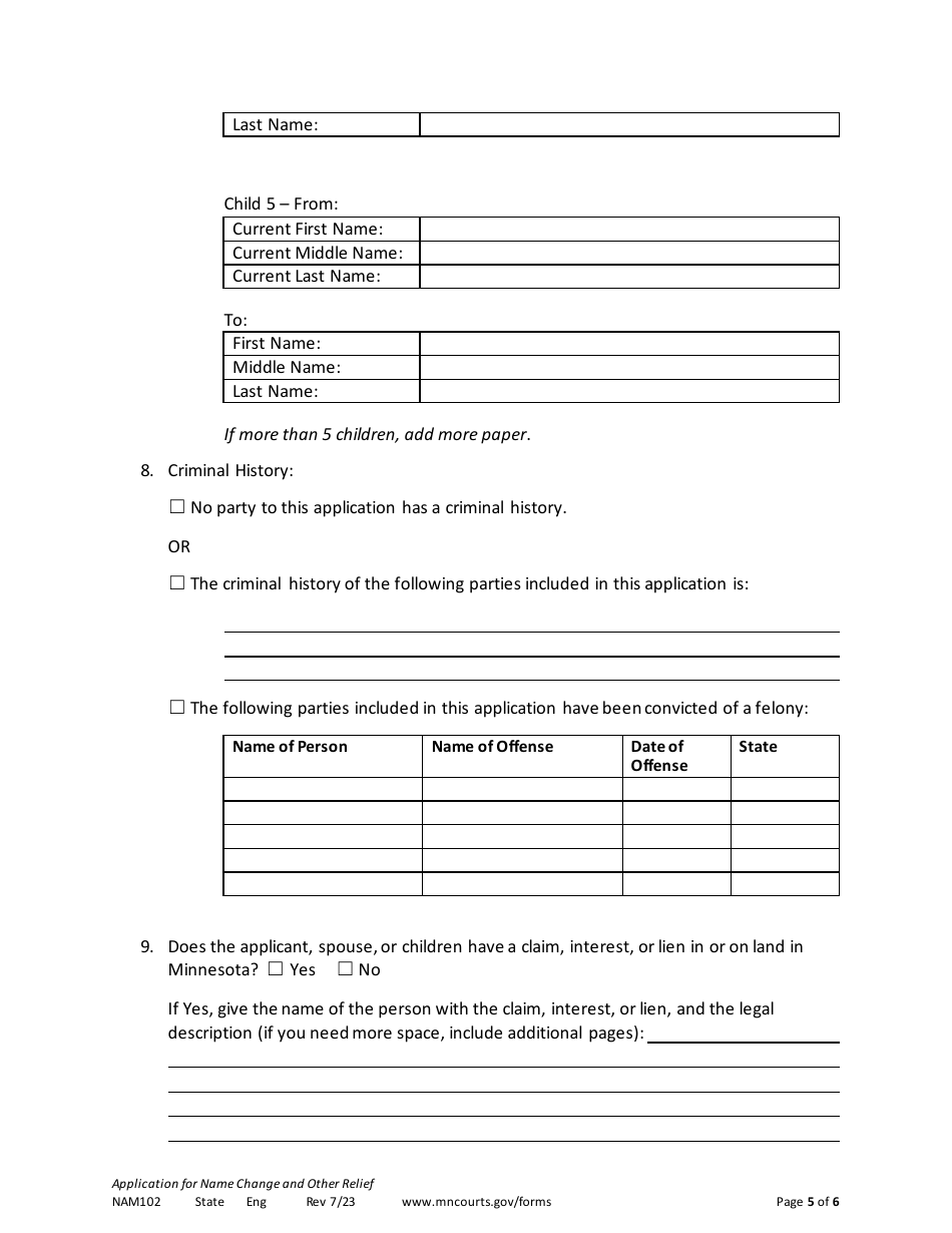 Form NAM102 Application for Name Change and Other Relief - Minnesota, Page 5
