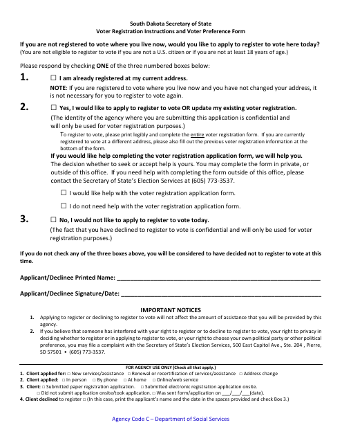 Voter Registration Instructions and Voter Preference Form - South Dakota Download Pdf