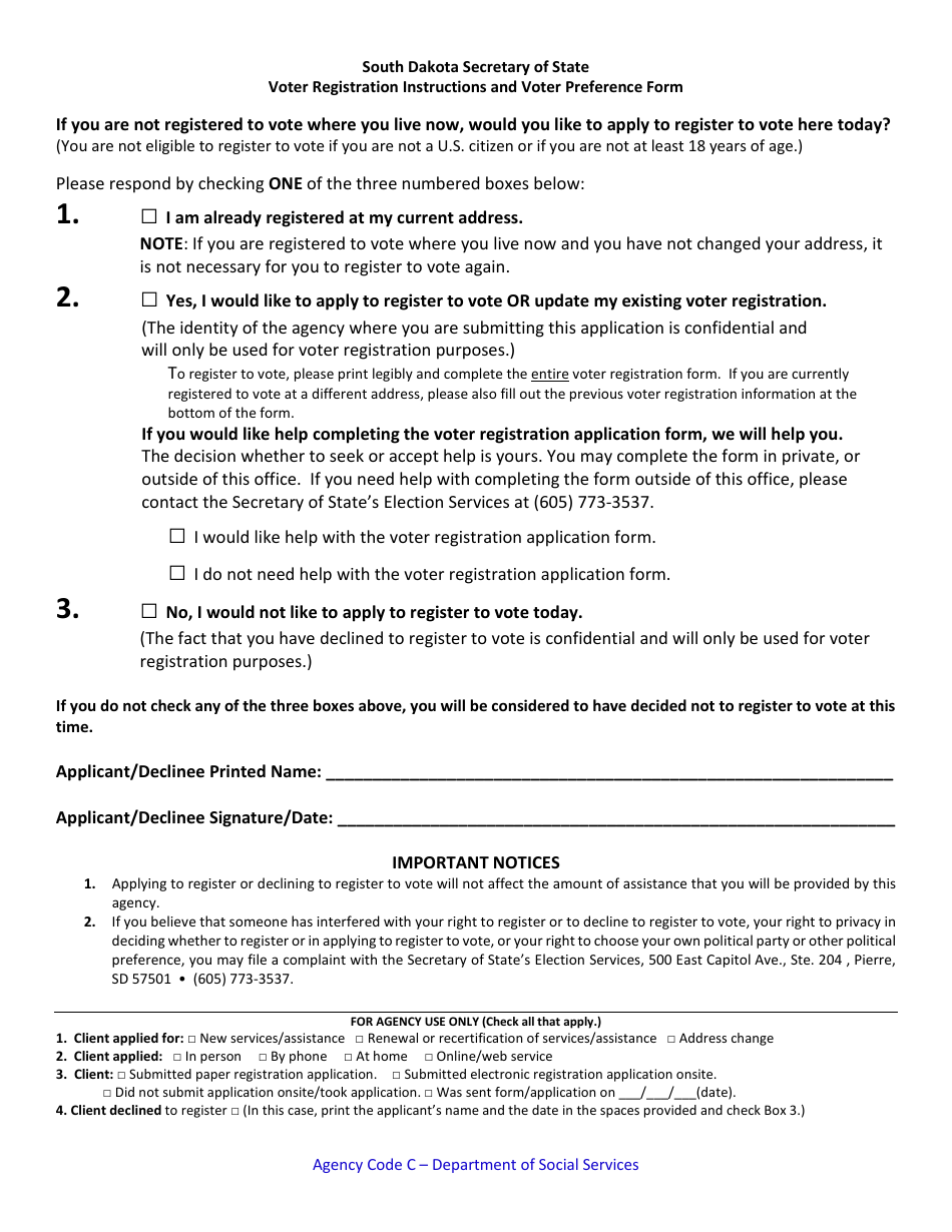 South Dakota Voter Registration Instructions and Voter Preference Form