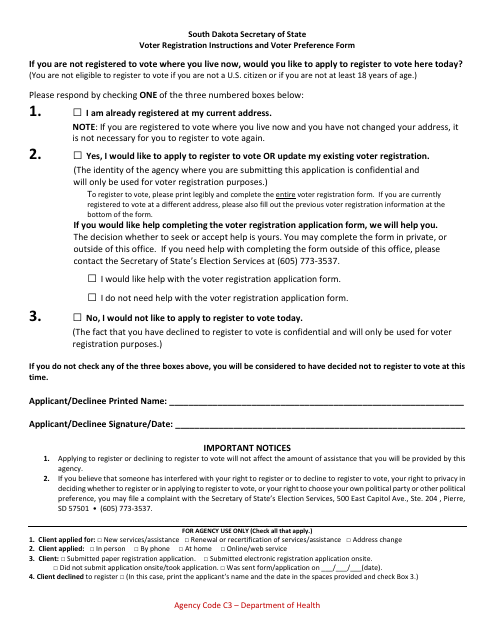 Voter Registration Instructions and Voter Preference Form - South Dakota Download Pdf