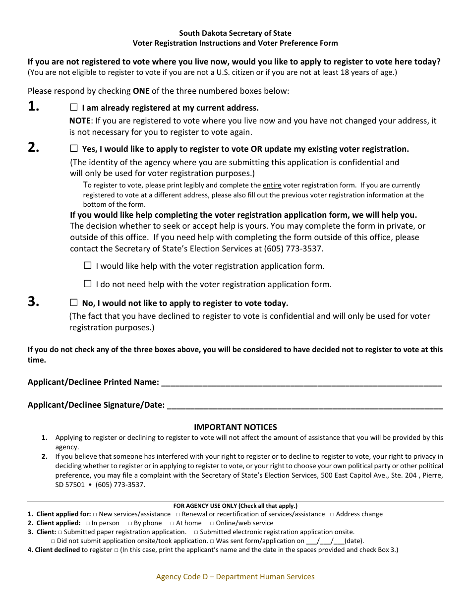 Voter Registration Instructions and Voter Preference Form - Agency Code D - Department Human Services - South Dakota, Page 1