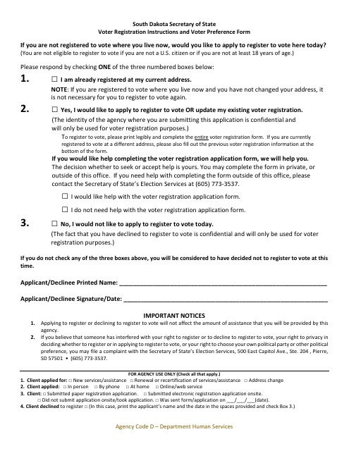 Voter Registration Instructions and Voter Preference Form - Agency Code D - Department Human Services - South Dakota Download Pdf