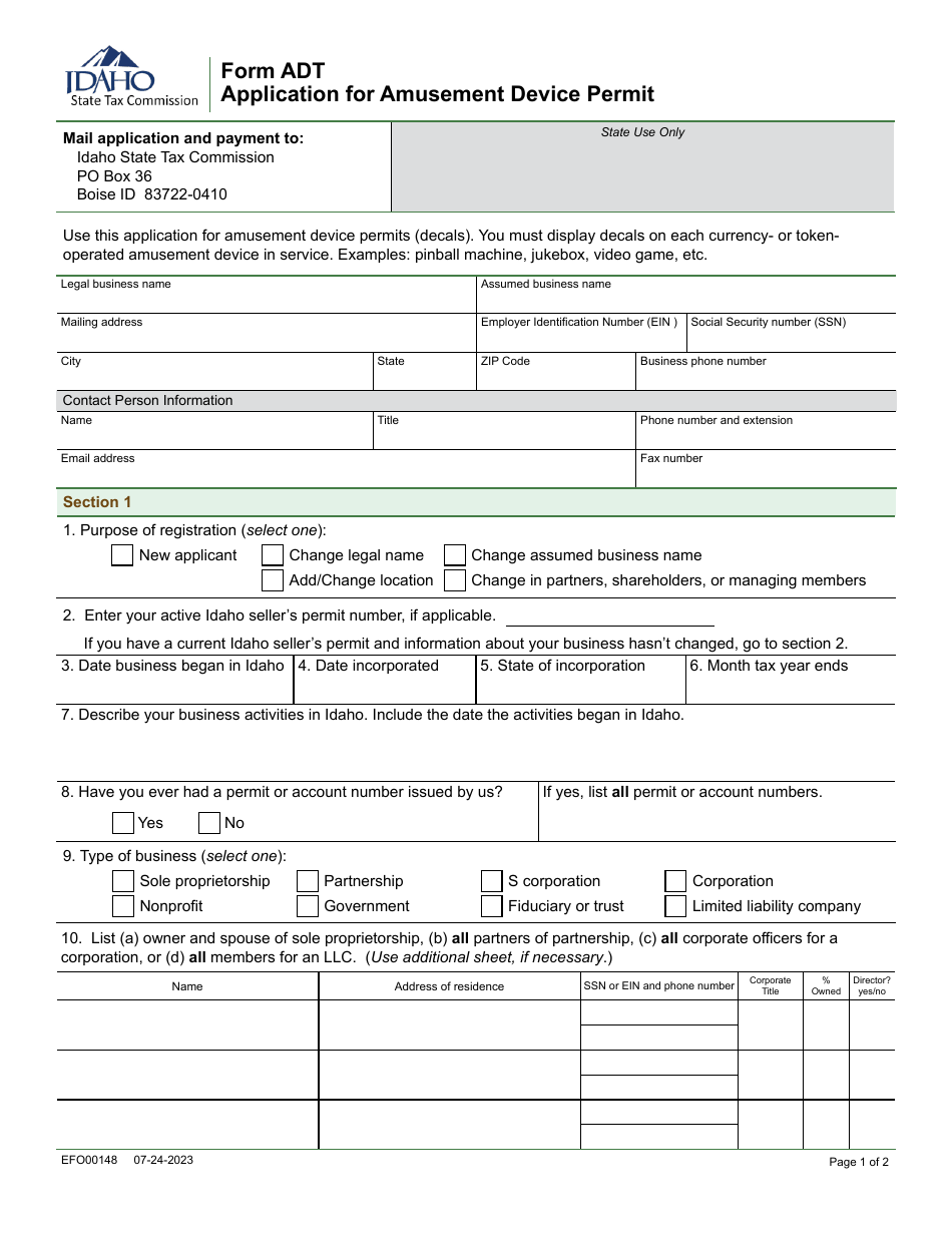 Form ADT (EFO00148) Application for Amusement Device Permit - Idaho, Page 1