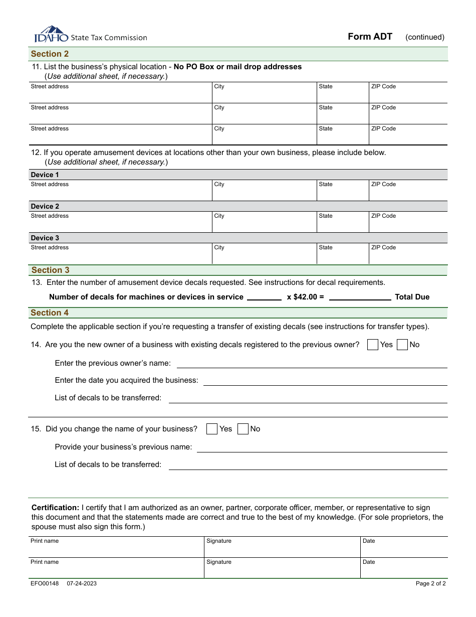 Form ADT (EFO00148) Application for Amusement Device Permit - Idaho, Page 2