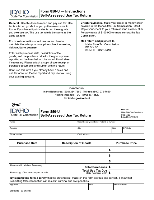 Form 850-U (EFO00143) Self-assessed Use Tax Return - Idaho