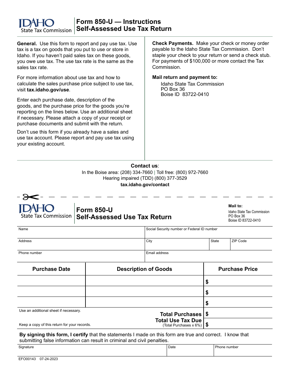Form 850-U (EFO00143) Self-assessed Use Tax Return - Idaho, Page 1