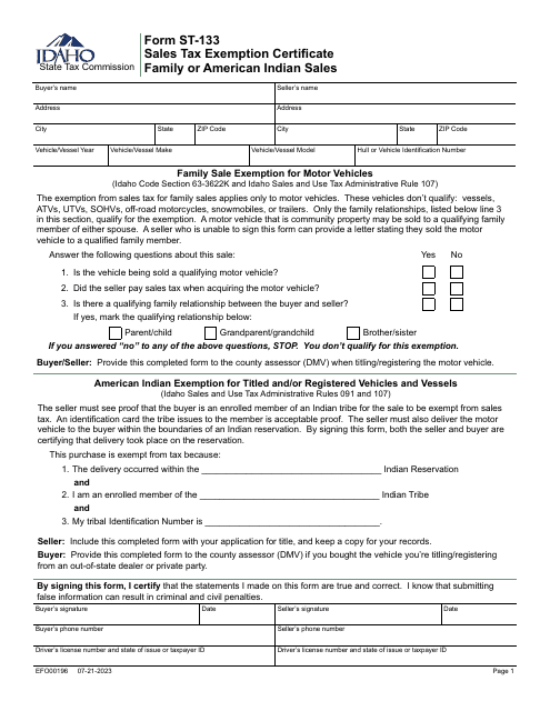 Form ST-133 (EFO00196) Sales Tax Exemption Certificate Family or American Indian Sales - Idaho