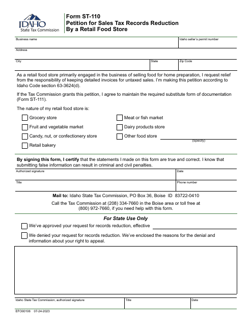 Form ST-110 (EFO00106) Petition for Sales Tax Records Reduction by a Retail Food Store - Idaho