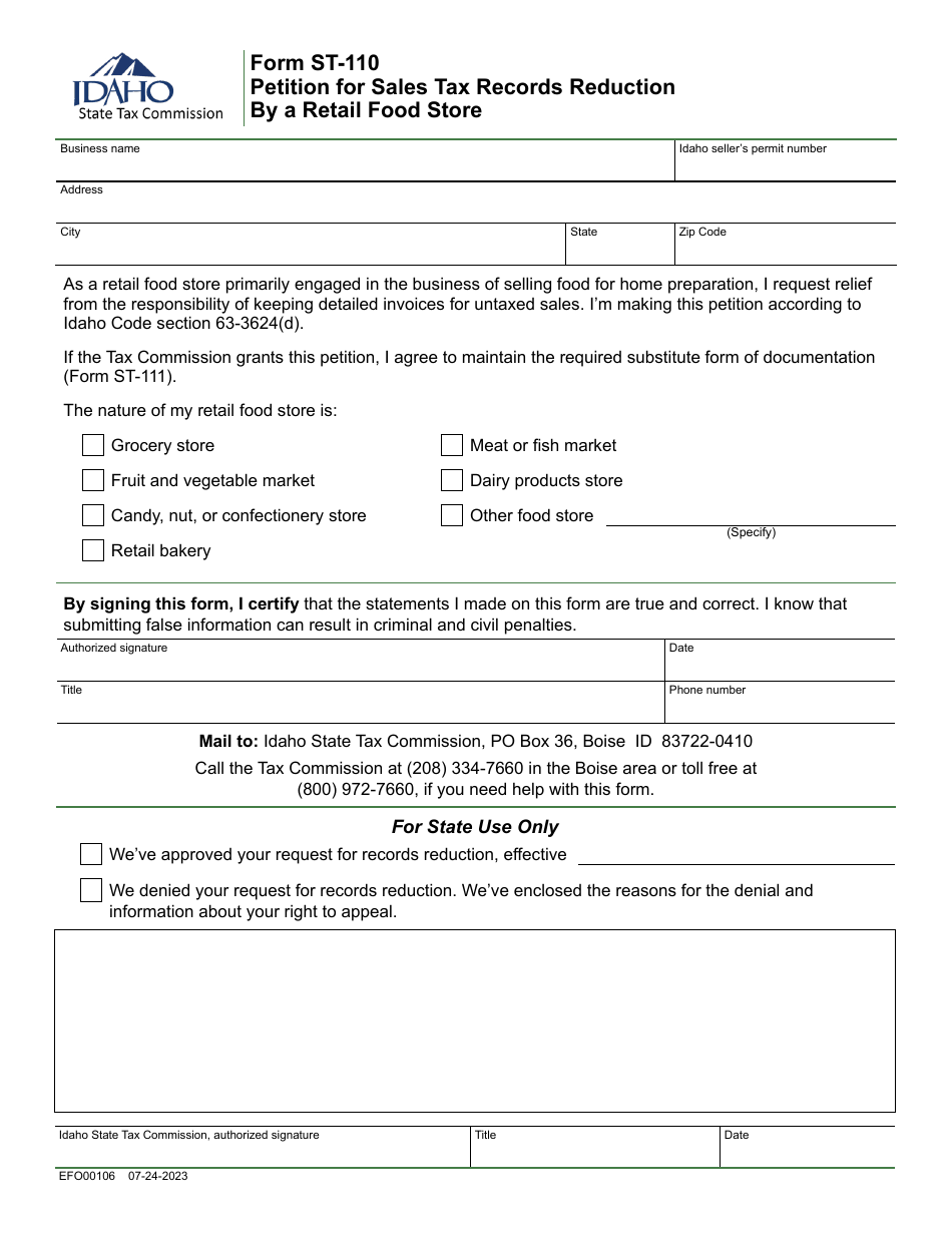 Form ST-110 (EFO00106) Petition for Sales Tax Records Reduction by a Retail Food Store - Idaho, Page 1